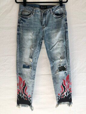Retro Blue Faith Flame Embroidered Cropped Jeans Size 11